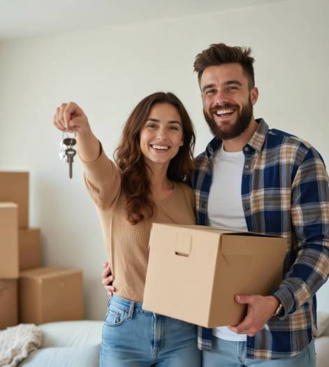 Happy young couple home owners hold keys. Smiling millennial man, woman first time homeowners carry boxes on moving day. Mortgage loan new house ownership concept. Buying real estate, relocation, Happy young couple home owners hold keys. Smiling millennial man, woman first time homeowners carry boxes on moving day. Mortgage loan new house ownership concept. Buying real estate, relocation
